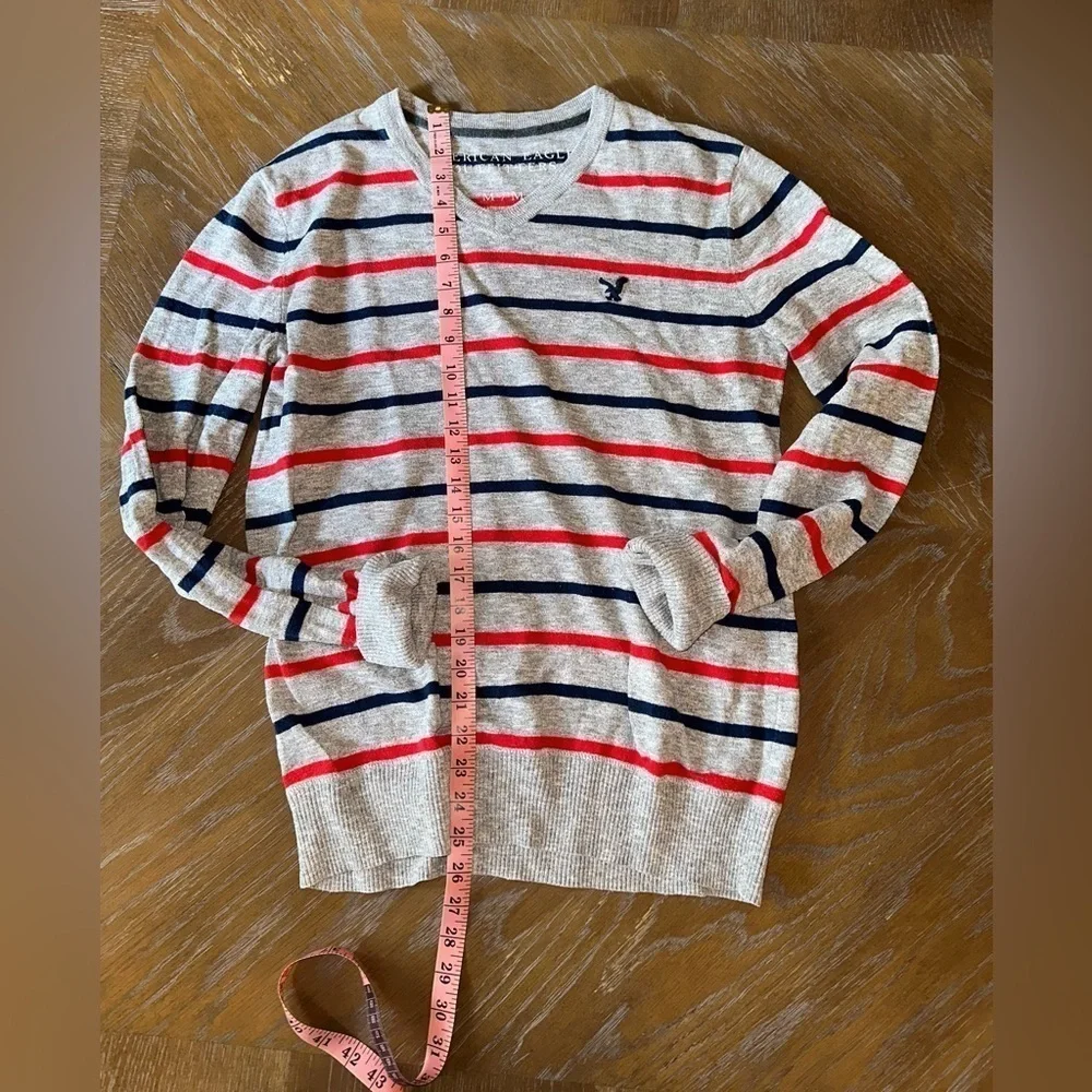 American Eagle Cotton V-Neck Sweater - Grey with Red & Blue Stripes - Size M